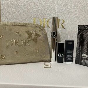 Dior Metallic Gold Makeup Pouch with Lipstick & Mascara